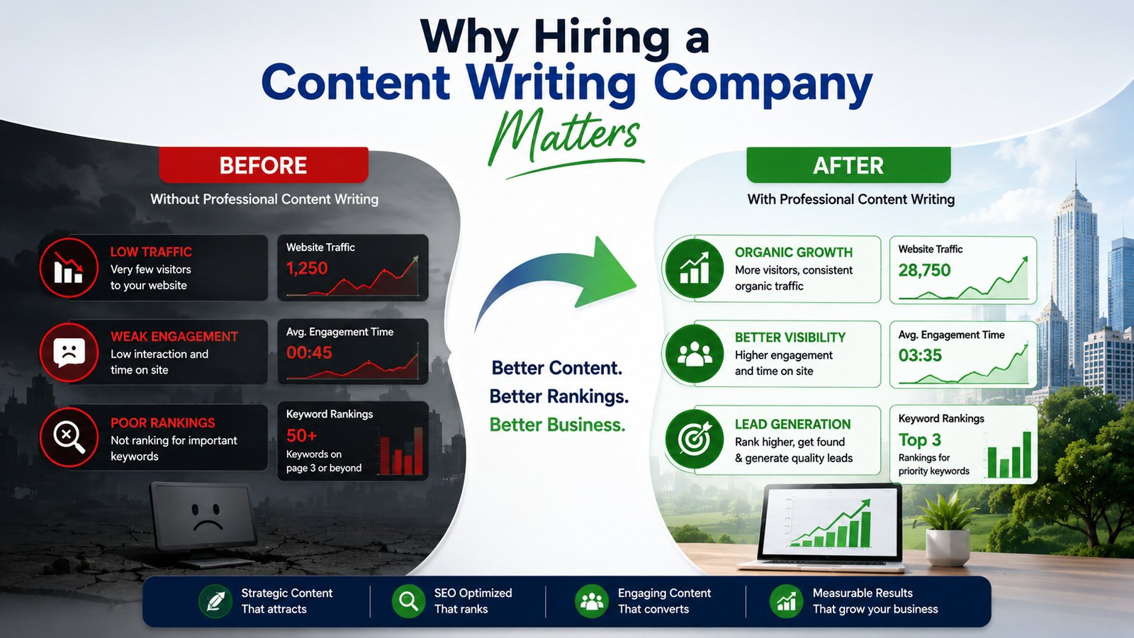 Comparison showing business growth after hiring professional content writers