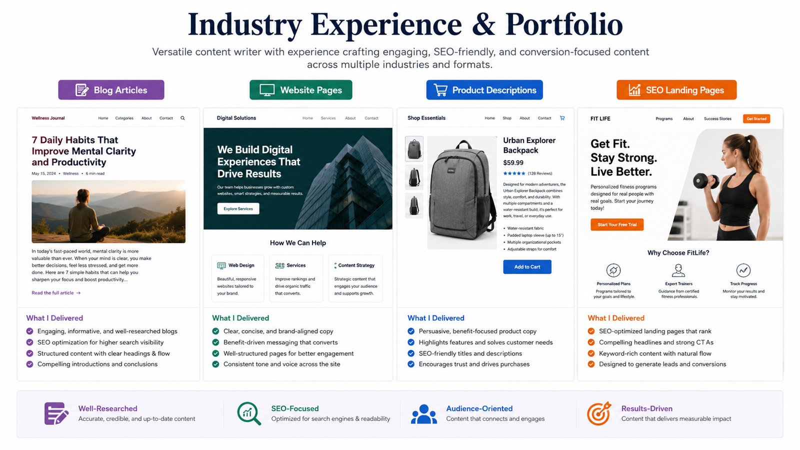 Content writing portfolio examples including blogs website copy and SEO pages