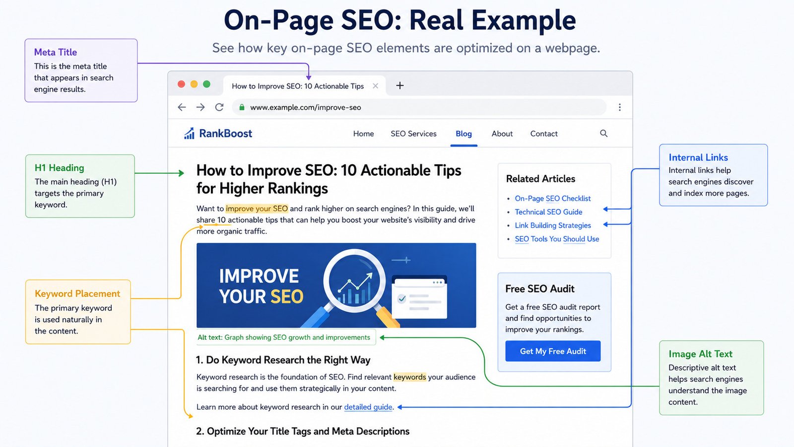 Example of on page SEO optimization on a webpage.