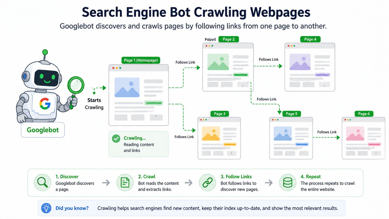 Search engine crawler discovering website pages through internal links