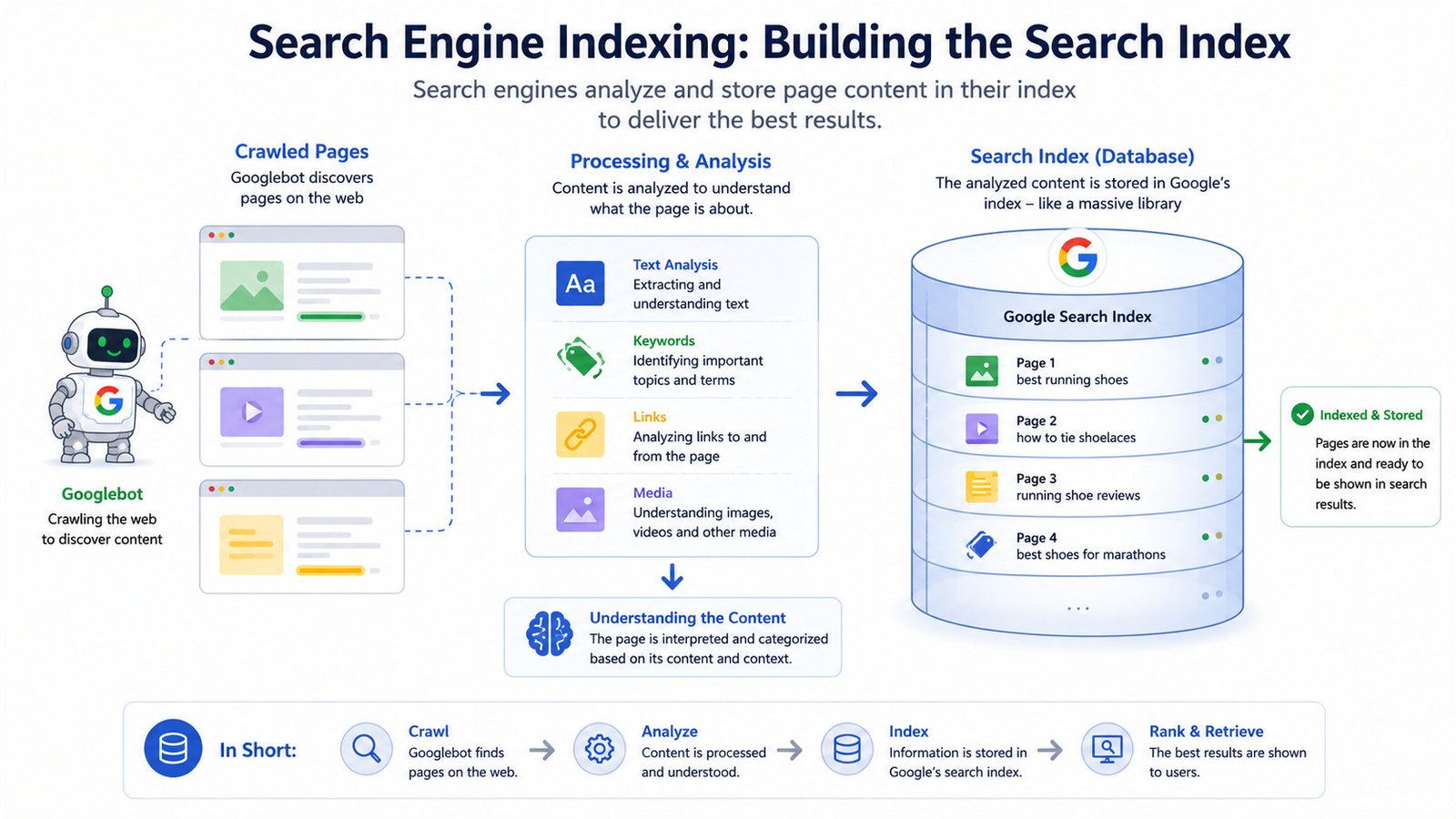 Illustration of search engine indexing website content into database