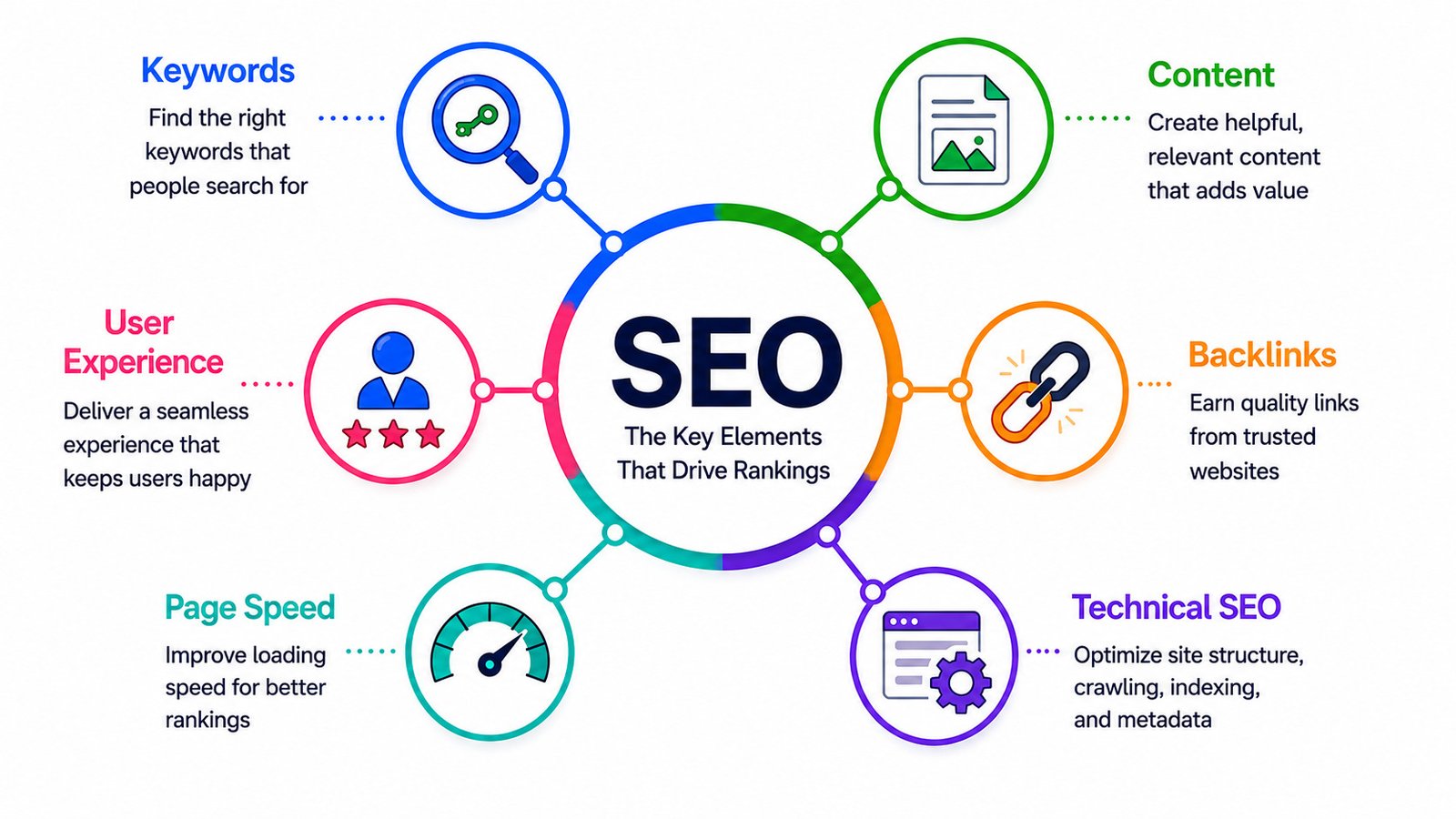 SEO elements including keywords content backlinks and page speed