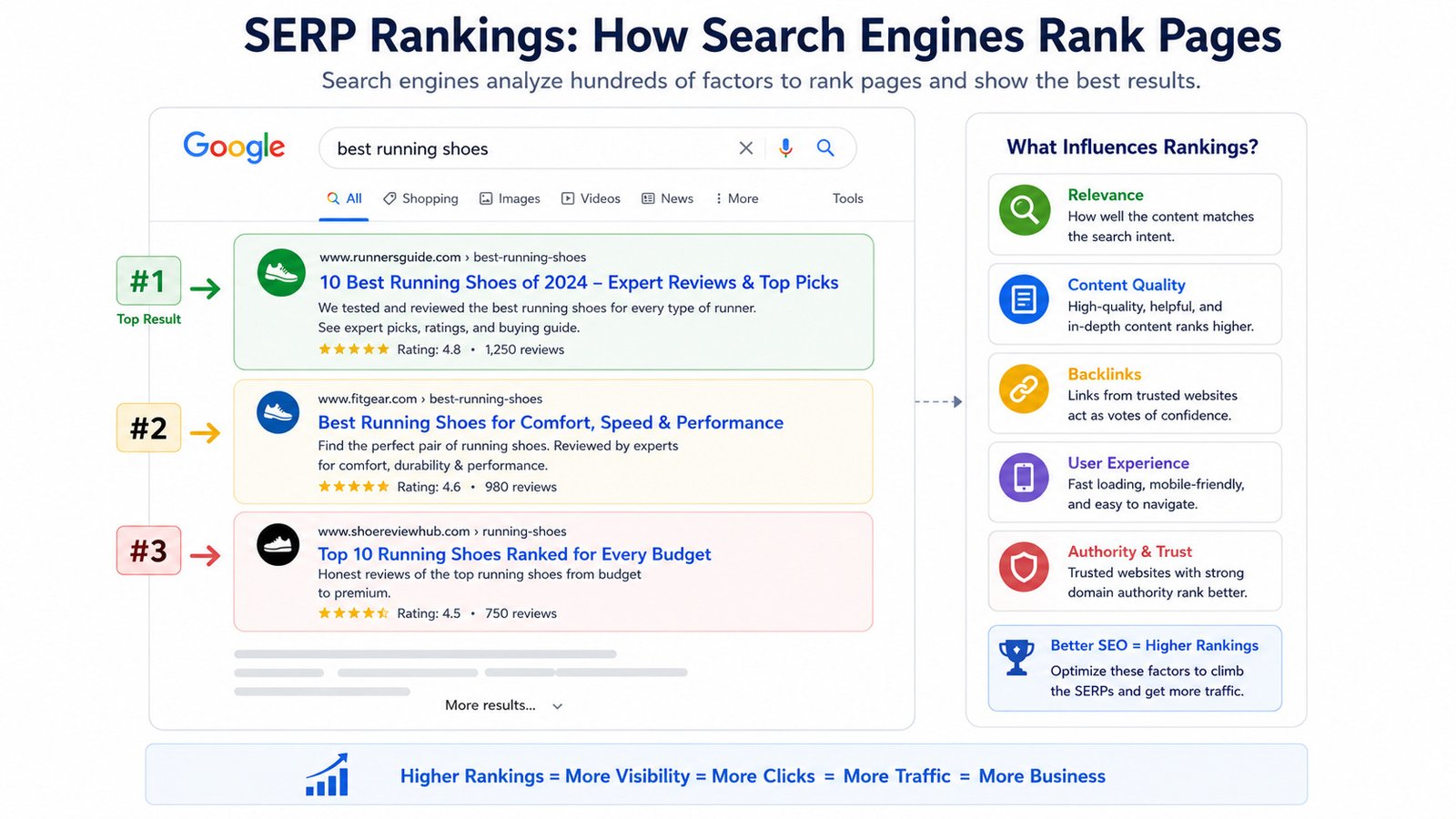 Search engine results page showing website rankings based on SEO factors