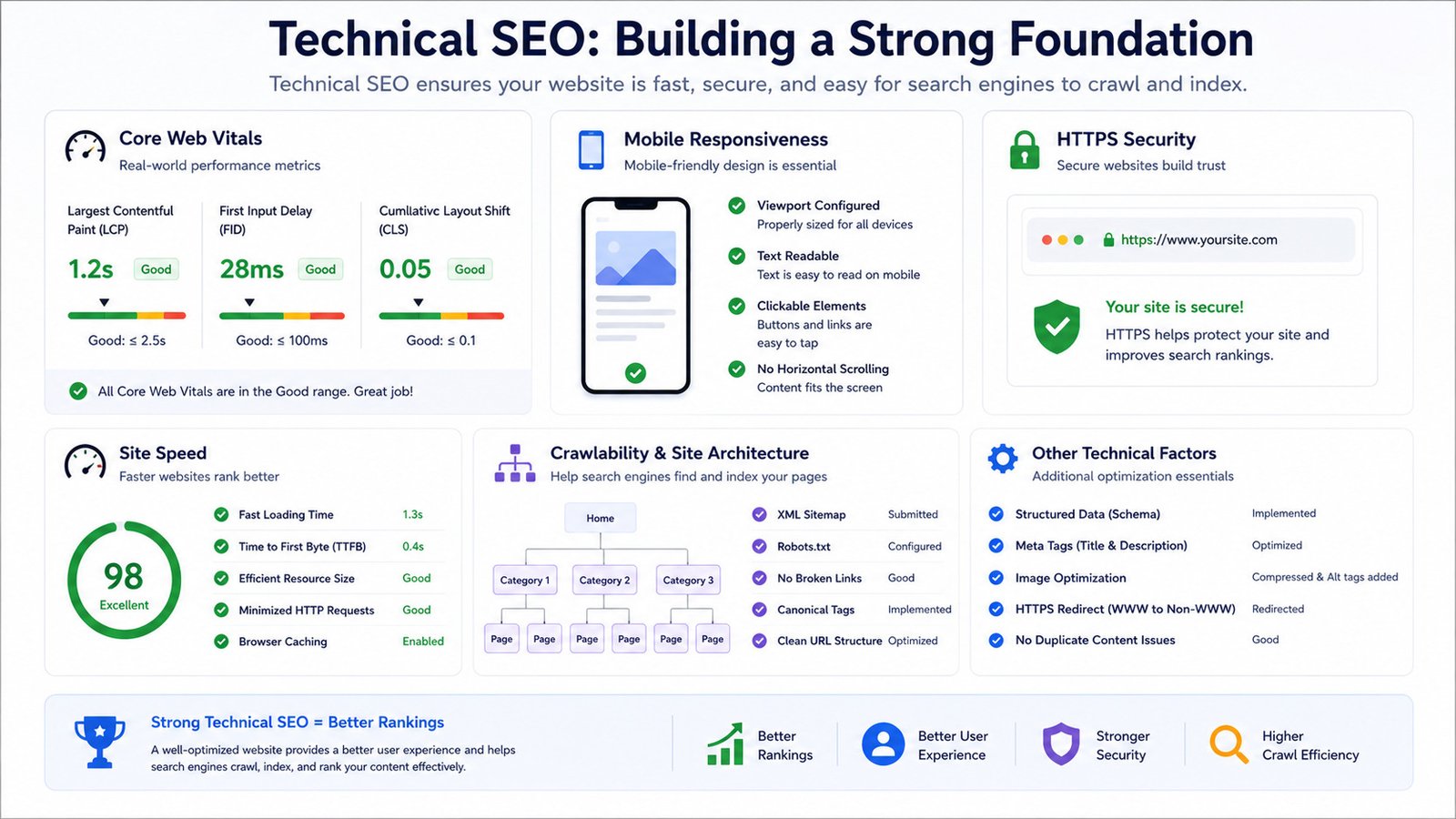 Technical SEO elements including page speed mobile optimization and HTTPS