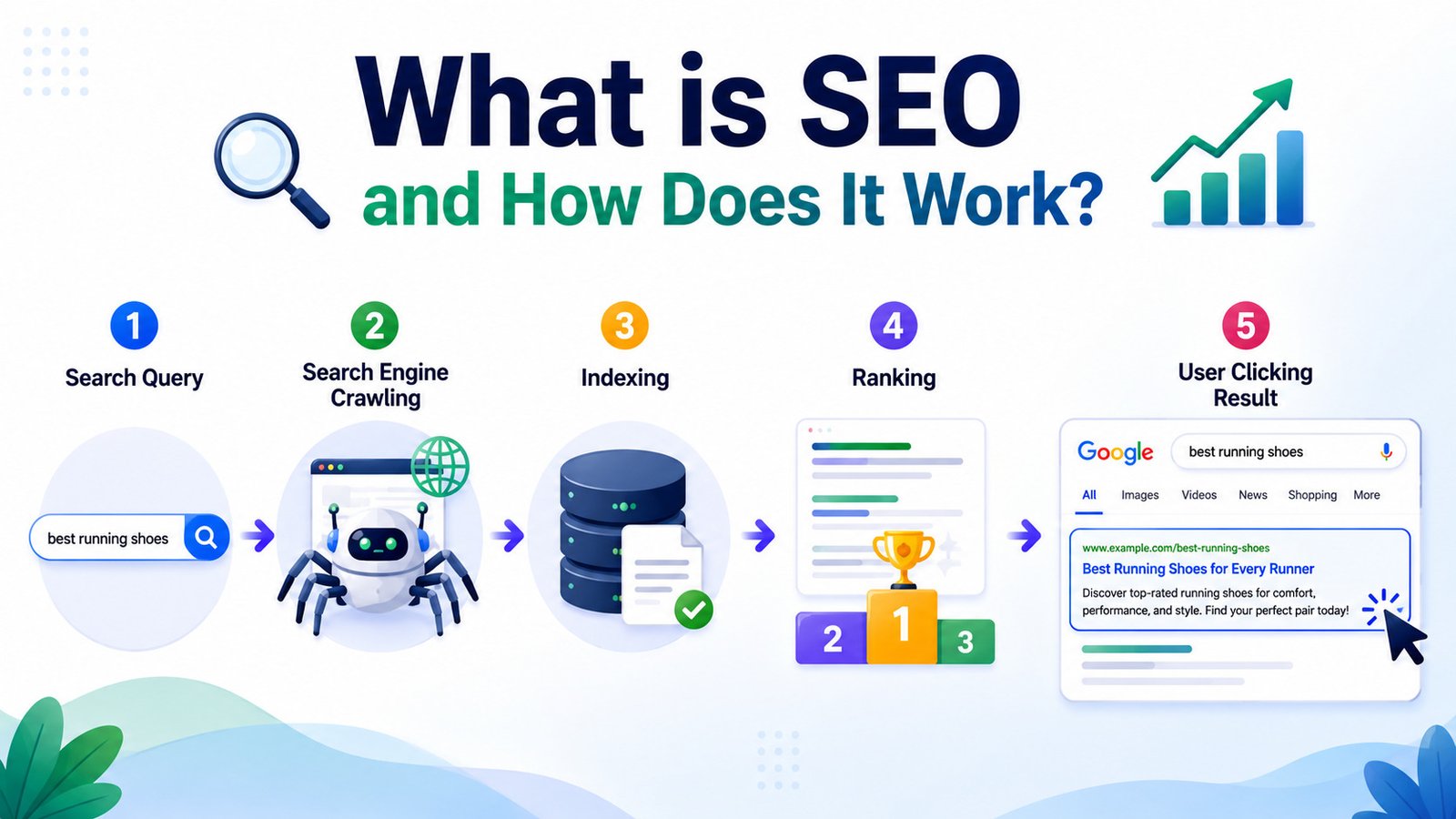 Illustration explaining how SEO works through crawling indexing and ranking